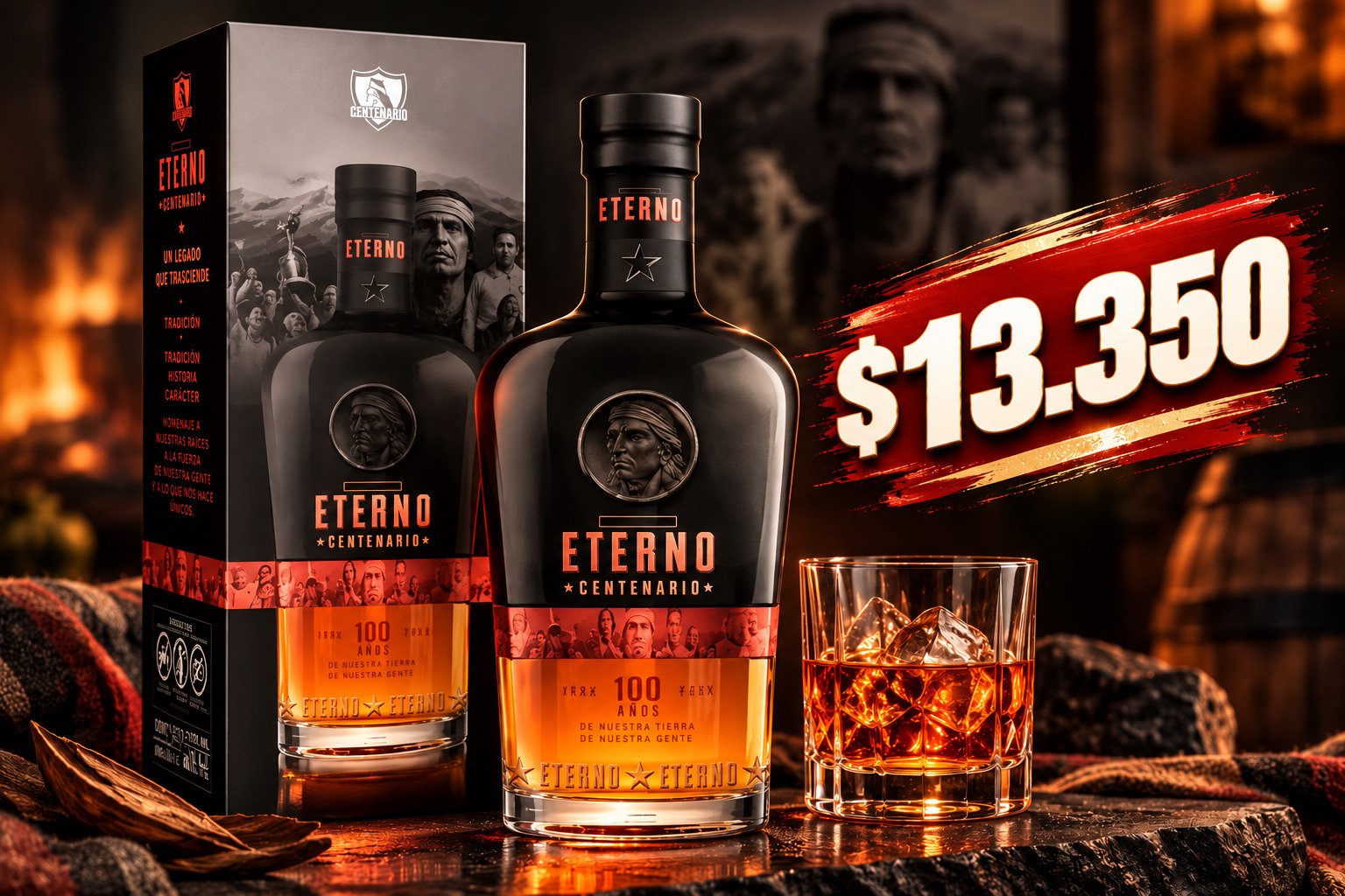Eterno Centenario con vaso de whisky, $13.350